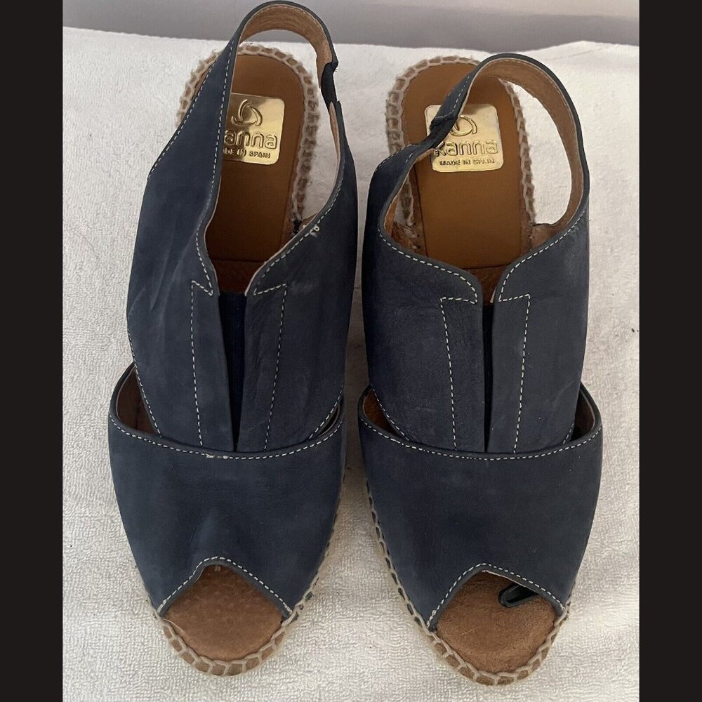 kanna Women's Wedges Made In Spain Denim  Open Toe Open Back‎ Size 40